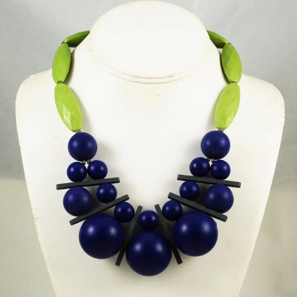 David Aubrey Vintage Necklace Blue & Lime Beads Geometric Jennifer Arago Design